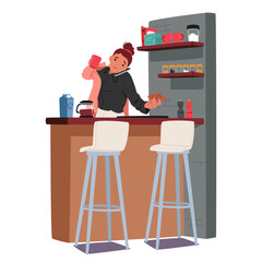 Busy Woman Character Savors A Quick Breakfast Coffee And Croissant, While Dressing At Home In A Whirlwind Morning