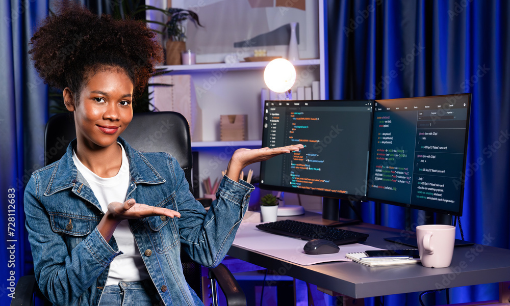 Poster young african wearing jeans shirt, it developer presenting program on computer screens displaying co