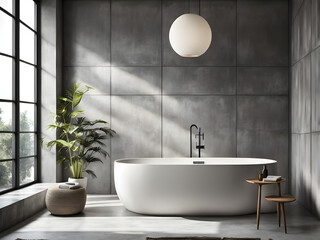Spa-Like Calm: White Bathtub, Grey Wall Aesthetic