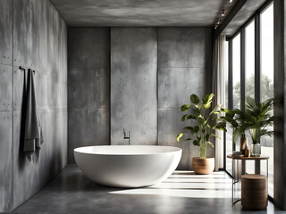 Modern Luxury: White Bathtub on Grey Background