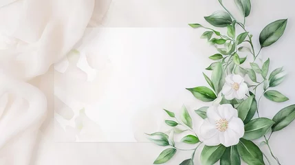 Poster beautiful watercolor wedding invitation with greenery leaves and white flower generative ai © Dzakir