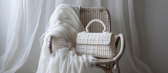 Fototapeta na wymiar Chic White Handbag Weave on Chair with Scarf: A Fashionable Combination of Weave, Handbag, White, Scarf, and Chair