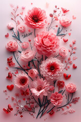 Pink Blooms of Adoration: A Mother's Day Floral Tribute in Paper Art. AI Generative.