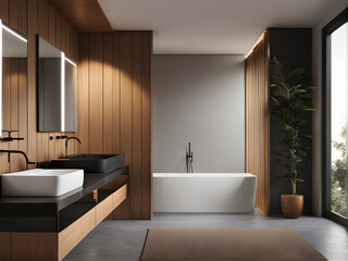 Warm Modern Elegance: Bathroom Interior with Wood Accents