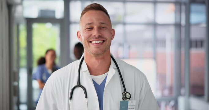 Doctor, man and pride for healthcare on face, consultation service and medical professional in clinic. Male person, confidence and support for medicare in portrait, hospital and happy for insurance
