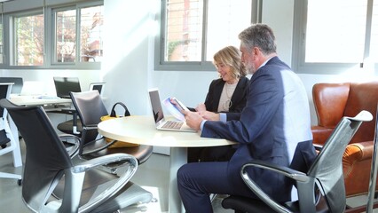 Fototapeta na wymiar meeting of two executives viewing documents together in an office