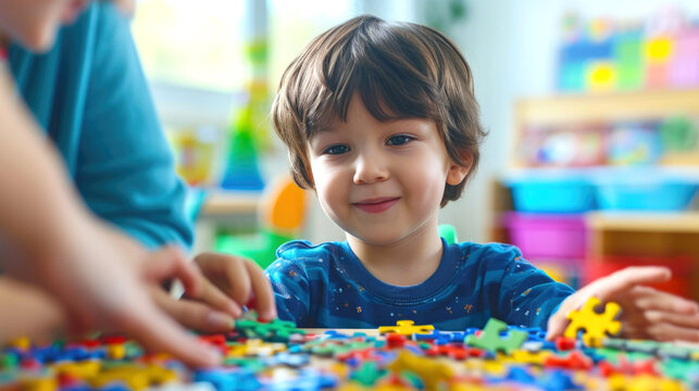 A teacher works with an autistic kid at a table in the playroom of an educational institution for special children.
