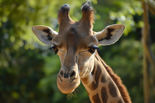 Frontal view of a giraffe's face with a green leafy background.