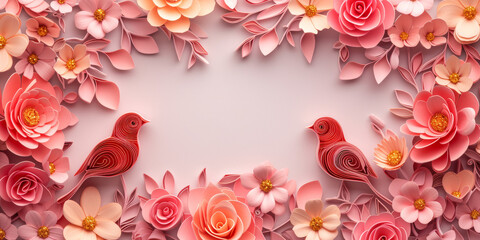 2 birds Amidst Blossoms: Paper Artistry in Coral and Blush, with Free Copy Space. AI Generative.