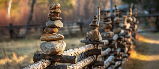 Masterpieces of Balance: A Stunning Rock Cairn Standing Strong Amongst a Rustic Fence and Sturdy Posts