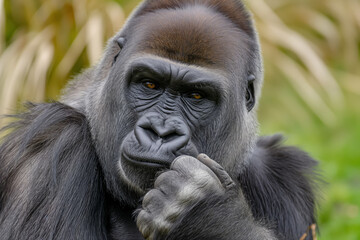 Close-up of a thoughtful gorilla with its finger on its cheek, with a green foliage background.