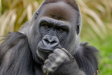 Naklejka premium Close-up of a thoughtful gorilla with its finger on its cheek, with a green foliage background.