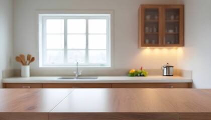 Kitchen background top counter interior wood blur home wooden empty room light white. Top kitchen product background desk modern window food display design created with generative ai	