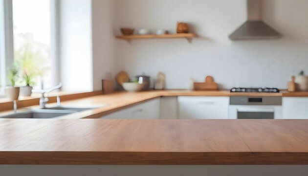 Kitchen background top counter interior wood blur home wooden empty room light white. Top kitchen product background desk modern window food display design created with generative ai	