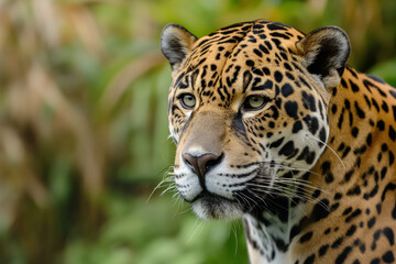 Portrait of a jaguar with a focused gaze, detailed face markings, and a green foliage background.