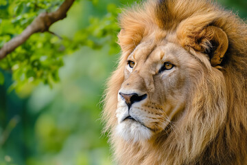 A majestic lion's head profile with a focused gaze and a lush green background.