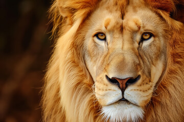 Fototapeta premium Intense close-up of a lion's face with deep golden eyes and a full mane against a dark background.