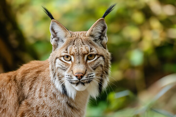 Naklejka na ściany i meble Close-up of a lynx with sharp eyes and prominent ear tufts against a blurred green foliage background.