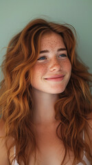 Headshot Portrait of a happy girl with freckles, her medium-length hair in loose curls. The background is a soft seafoam green.