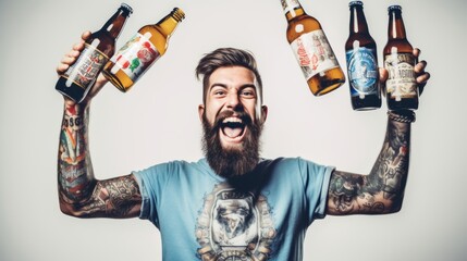 Tattooed man joyfully holding up four bottles of craft beer. Concept of beer tasting, craft brewery, and joy. Light background