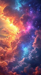 Fototapeta na wymiar Whimsical rainbow cosmic clouds with glowing particles. Mystical sparkling heaven. Ethereal nebula. Abstract beautiful sky. Concept of surreal cloudscape, fantasy art, mystery and miracle. Vertical