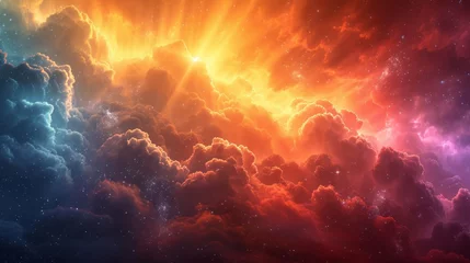 Foto op Canvas Vivid rainbow cosmic clouds with glowing particles. Mystical sparkling heaven. Ethereal nebula. Abstract beautiful sky background. Concept of surreal cloudscape, fantasy art, mystery and miracle © Jafree