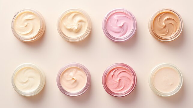 Variety of organic cosmetic creams for skin care in open jars on a pink background. Top view. Concept of skincare variety, cosmetics assortment, and beauty product display.