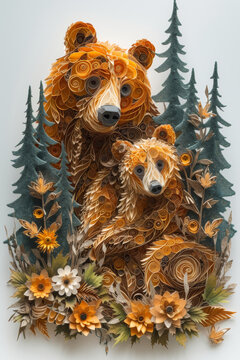 Enchanting Forest Embrace: A Paper Quilling Art of Mother Bear and Cub. AI Generative.