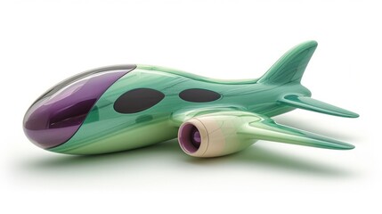 Futuristic green purple toy airplane isolated on a white background. Concept of kids friendly toys, aviation playthings, playful designs, and bright colors