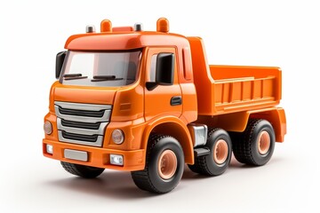 Orange plastic toy truck isolated on a white background. Side view. Cartoonish fantastic childrens car. Concept of kids toys, playful designs, transport-themed playthings, and bright colors.