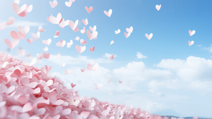 Obraz premium Horizontal blue sky background with pink paper hearts. Valentine's Day concept. Generated by artificial intelligence