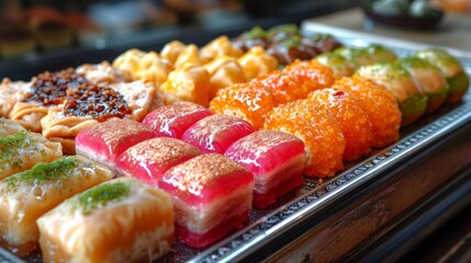 Display of various Middle Eastern sweets like baklava and Turkish delight, arranged elegantly on an silver platter, natural lighting emphasizing the textures and colors
