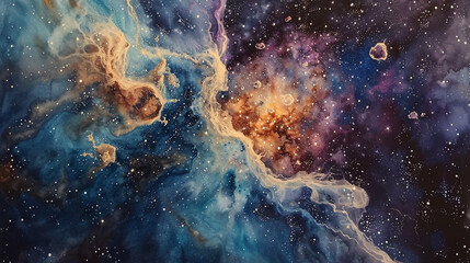 A surreal depiction of a mystical night sky, featuring surreal elements like galaxies, shooting stars, and surreal watercolor patterns. Generative AI - obrazy, fototapety, plakaty