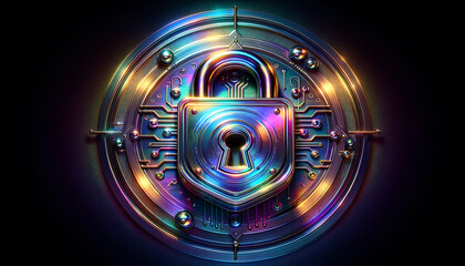 Contemporary Twist on GDPR: Chrome padlock with iridescent colors, pixelated motifs, and dramatic lighting