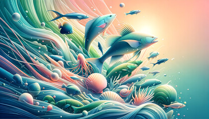 Fototapeta na wymiar Tranquil underwater scene with thriving sustainable seafood in soft pastel hues