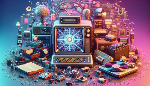 Vintage-inspired computer with glowing neural network patterns, surrounded by enhanced nostalgic objects in dreamy retro-futuristic scene.