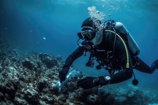 Scuba diver in action cleaning pollution from the ocean floor.