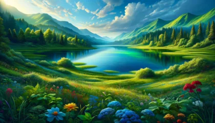 Schilderijen op glas beautiful landscape with lake © Konrad