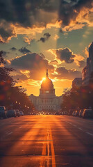 The US Capitol building illuminated by the warm hues of sunset in the heart of Washington DC