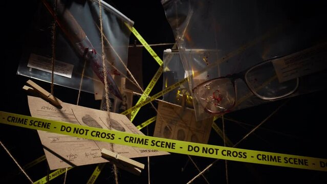 Crime scene investigation dolly camera flies through evidence collected on murder hanging on interweaving threads bloody knife and glasses in transparent bags. Perfect for crime documentaries intros