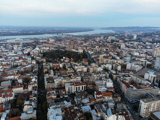The drone view of the historical downtown center of Belgrade at sunset.