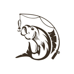 Vintage fish logo with fishing pole. Fishing logo.