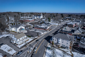 Aerial view of Shrewsbury, Massachusetts in late winter