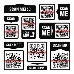 Scan me QR code sticker. Online payment. Special offer sale stickers, shopping discount label or promotional badge. Serial number, product ID. Supermarket retail label, price tag. Vector illustration