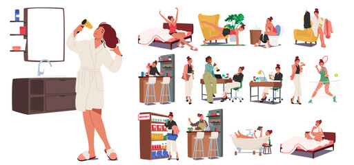 Woman Daily Routine Involves Tasks Like Waking Up, Exercising, Work, Meals, And Relaxation, Vector Illustration, Set