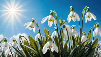 Fototapeta na wymiar White snowdrops spring flowers against blue sky at sunny day.Natural floral background.Banner for design.AI generated.