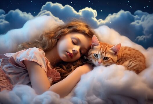A carefree child sleeps peacefully, nestled with a kitten on a cloud-like surface. Sweet dreams envelop them in a serene scene of innocence and tranquility.
