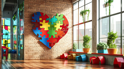 A huge heart made of pieces of bright puzzles on the wall of the lobby of the medical clinic for the care of children with autism syndrome. Examination and diagnosis.