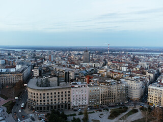 Fototapeta premium The drone view of the historical downtown center of Belgrade at sunset.