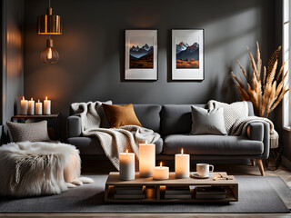 Warm wood tones and mood lighting create a tranquil sanctuary for escaping into pages against a neutral backdrop - obrazy, fototapety, plakaty